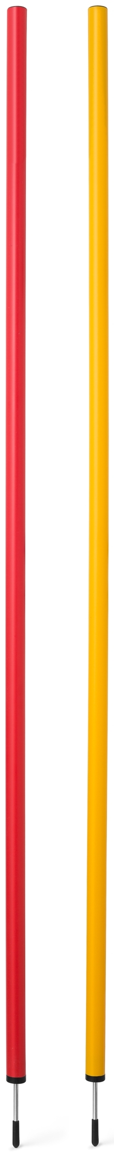 Zwei lange, schmale Stangen, eine in Rot und eine in Gelb, auf einer weißen Fläche.