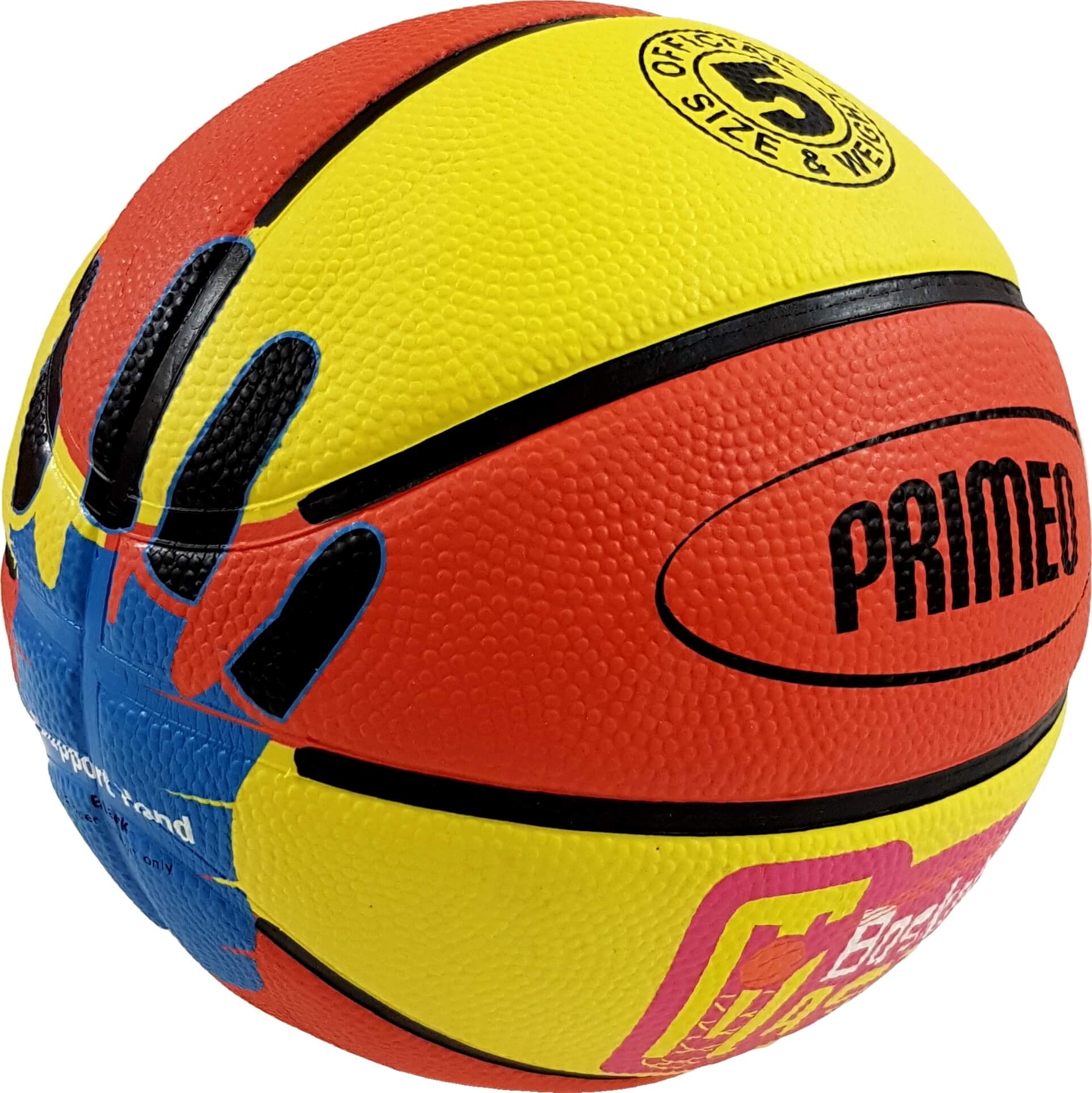 Basketball in Rot, Gelb und Blau mit der Aufschrift 'Primed' und schwarzen Streifen