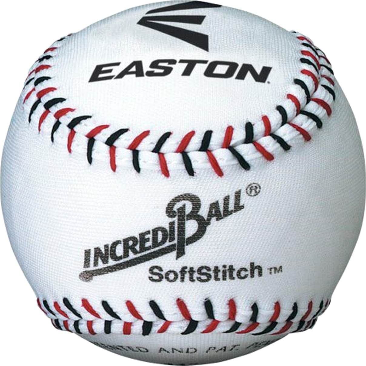 Nahaufnahme eines Easton IncrediBall SoftStitch Baseballs mit roten und schwarzen Nähten und Aufdrucken.