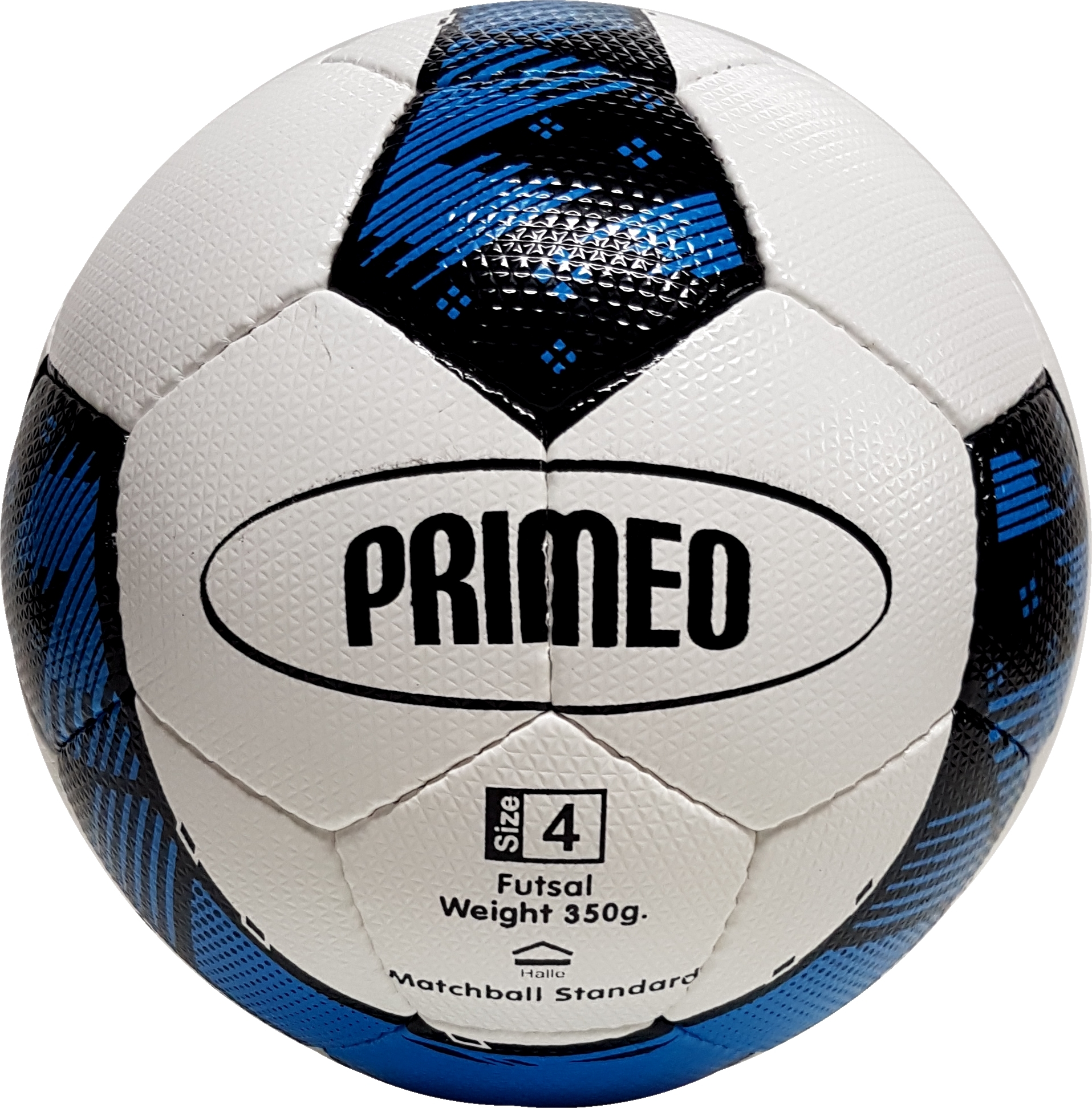 Primeo Futsal-Ball in Größe 4 mit einem Gewicht von 350g für den Hallensport, in Blau und Schwarz-Weiß gehalten