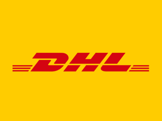 Rotes DHL-Logo mit gelbem Hintergrund