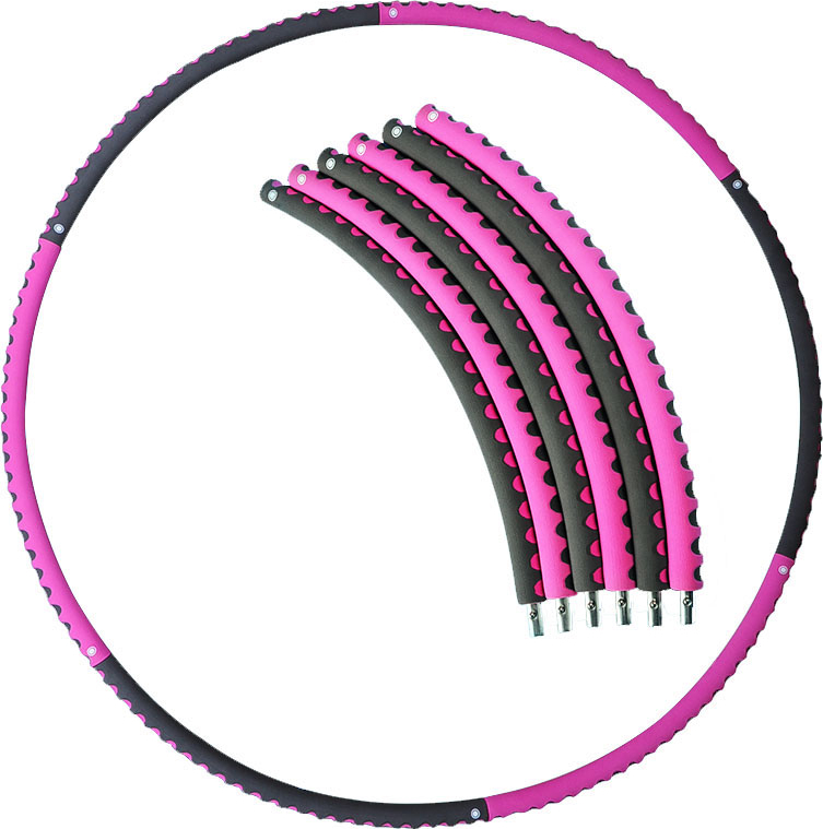 Ein zerlegbarer Fitness Hula-Hoop-Reifen mit pinken und schwarzen Elementen, dargestellt in Einzelteilen.