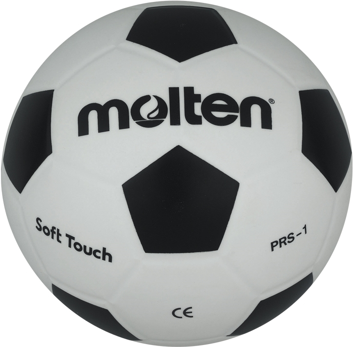 Ein weißer und schwarzer Fußball der Marke Molten mit der Aufschrift 'Soft Touch' und 'PRS-1'.