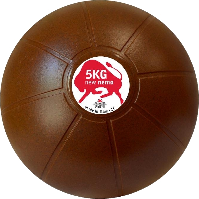 Brauner Medizinball mit 5 kg Gewicht. Hergestellt in Italien, ideal für Fitnessübungen und Krafttraining.