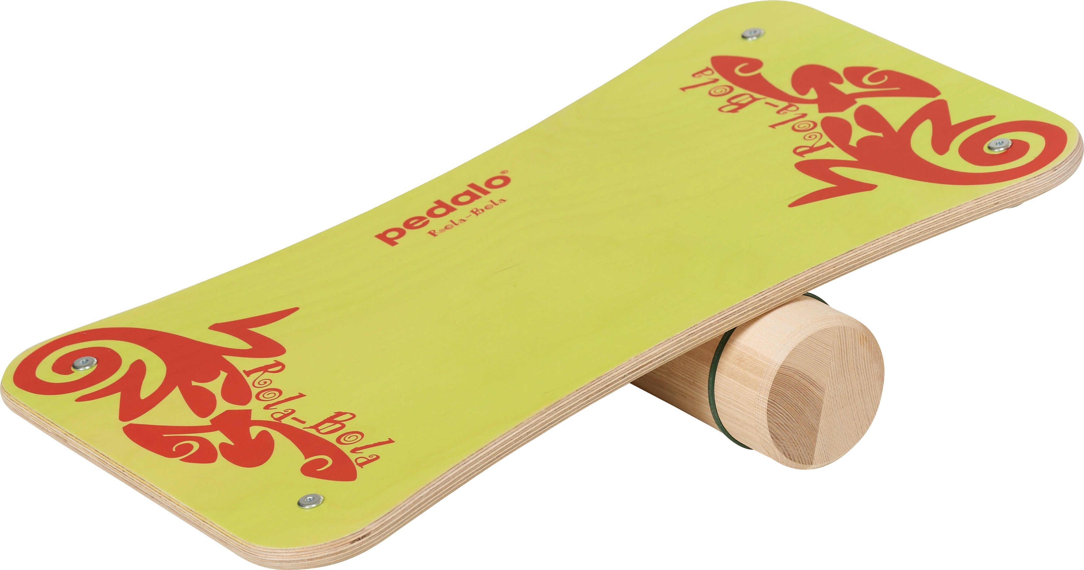 Pedalo Rola-Bola Balance-Board aus Holz in gelber Farbe mit rotem Design, ideal für Gleichgewichtsübungen und Koordinationstraining.