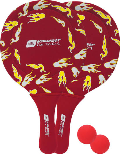 Due racchette da beach tennis rosse " Schildkröt " Fun Sports con motivo a fiamme e due palline rosse