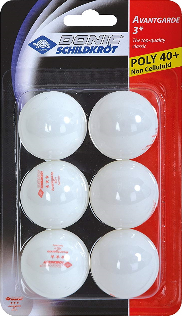 Six balles de ping-pong blanches de Donic Schildkröt, modèle Avantgarde 40+ avec évaluation 3 étoiles, emballées sous blister