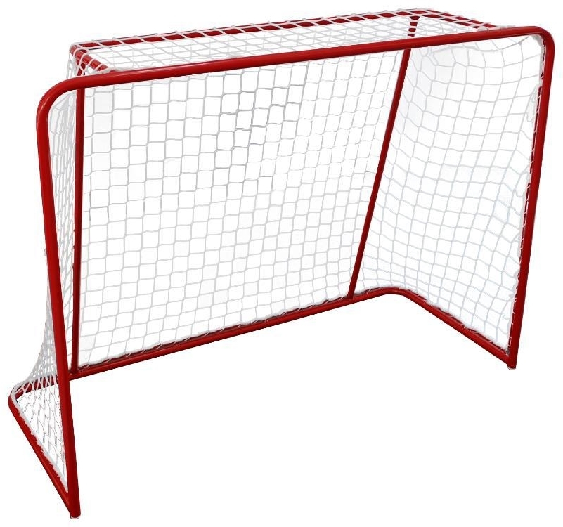 Ein freistehendes Hockeytor mit rotem Metallrahmen und weißem Netz, ideal für Sportplätze oder den Heimgebrauch.