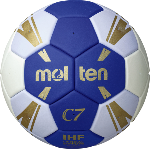 Ballon de handball bleu et blanc Molten C7 avec détails dorés, Fournisseur Officiel IHF