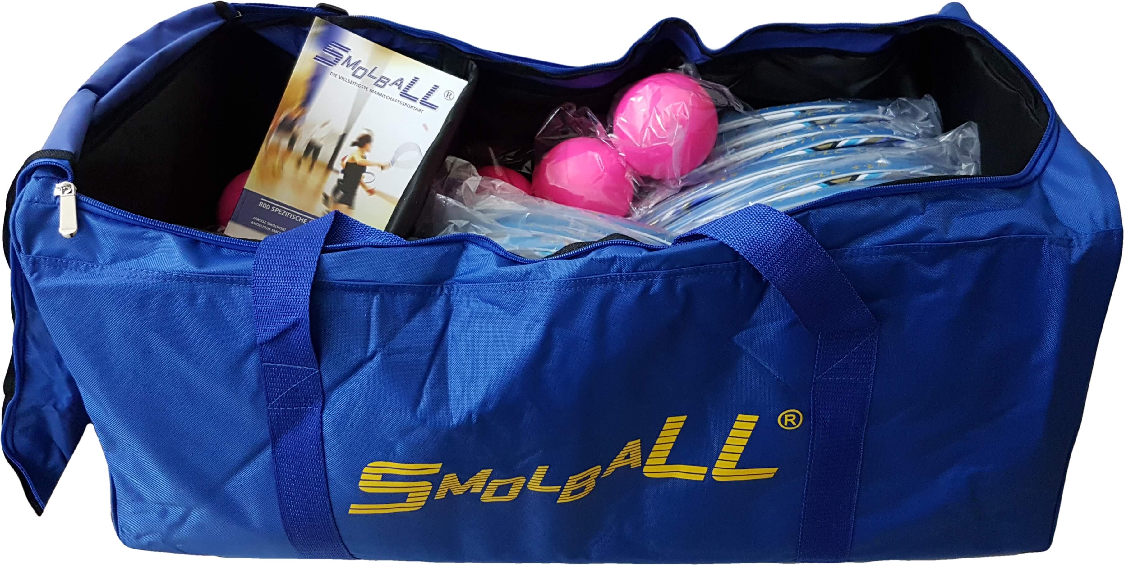 Blaue Sporttasche mit SmoBall-Set, enthält pinke Bälle und Broschüre