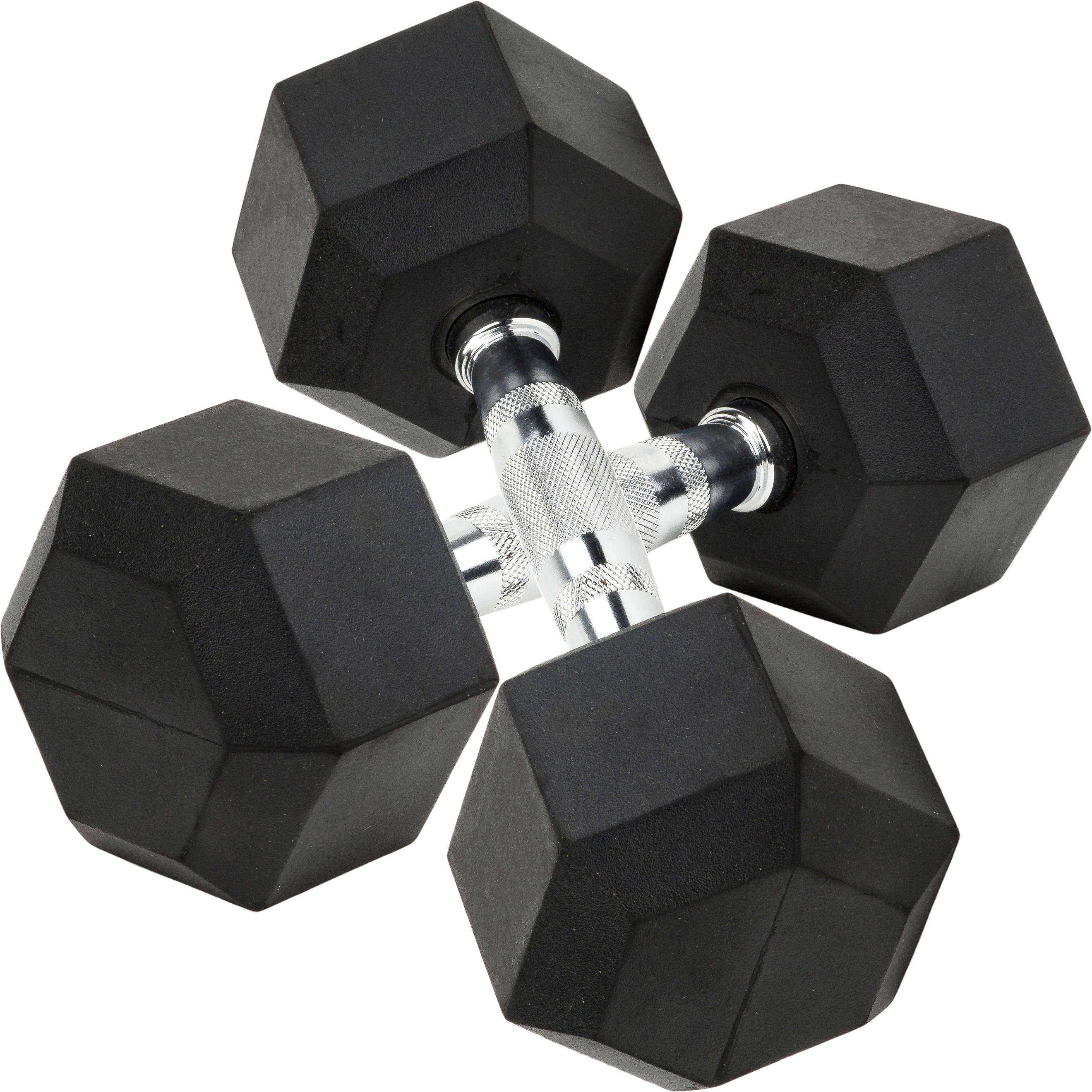 Zwei schwarze hexagonale Kurzhanteln auf weißem Hintergrund