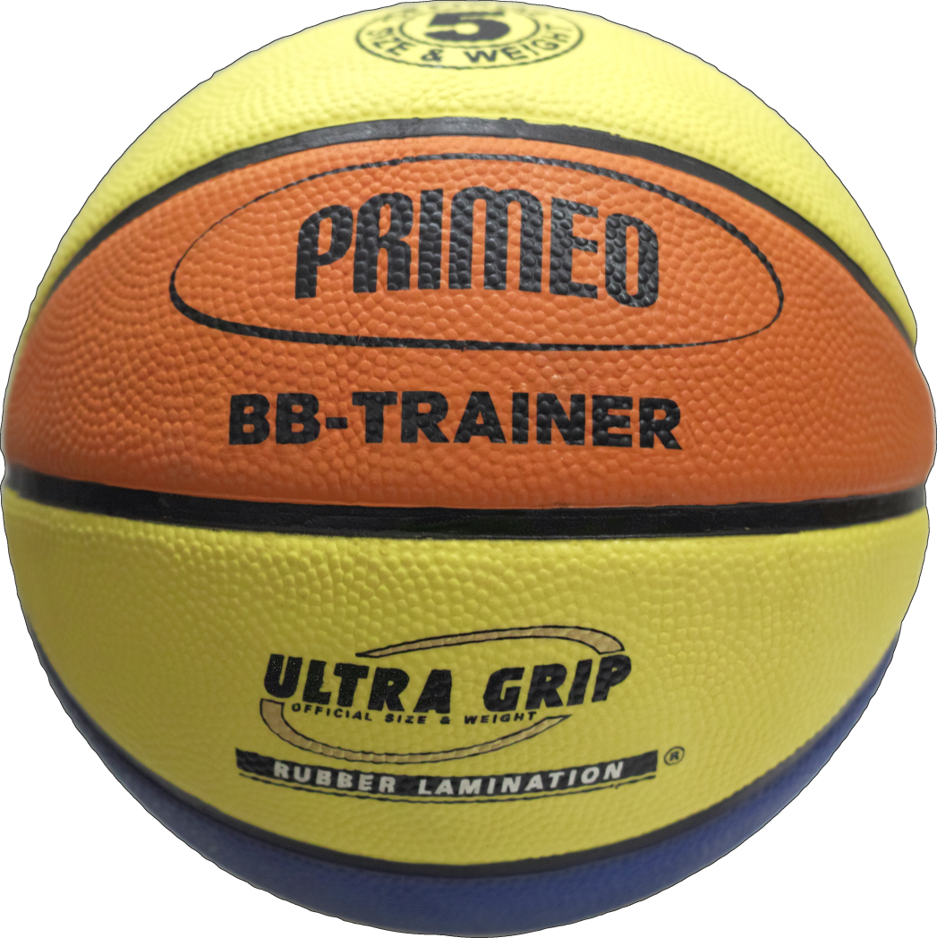 Nahaufnahme eines PRIMED BB-TRAINER Basketballs in gelb und orange, beschriftet mit 'Ultra Grip' für verbesserten Halt