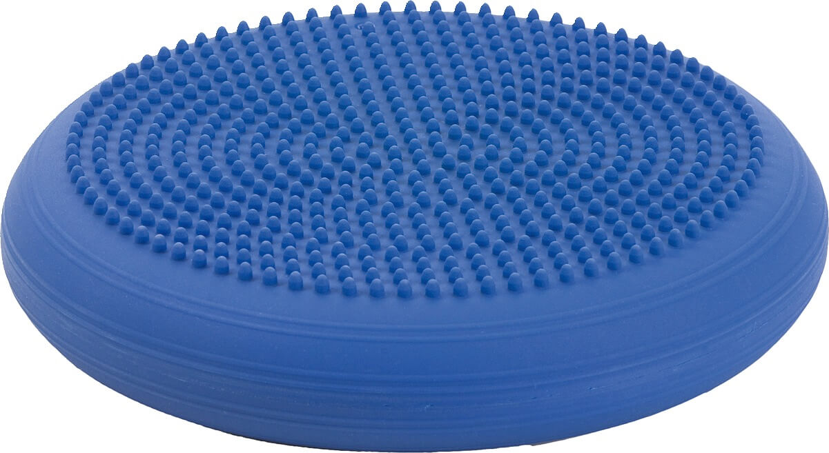 Ein blaues Balancekissen mit Noppenoberfläche zur Förderung der Balance und Stabilität im Training