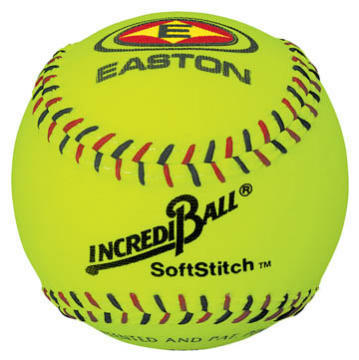 Ein Softball von Easton mit der Aufschrift 'Incrediball SoftStitch' in leuchtendem Gelb.