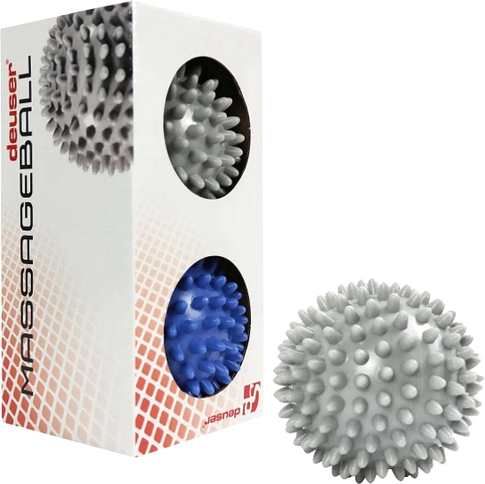 Zwei Massagebälle in einer Verpackung, grauer und blauer Ball für Muskelentspannung