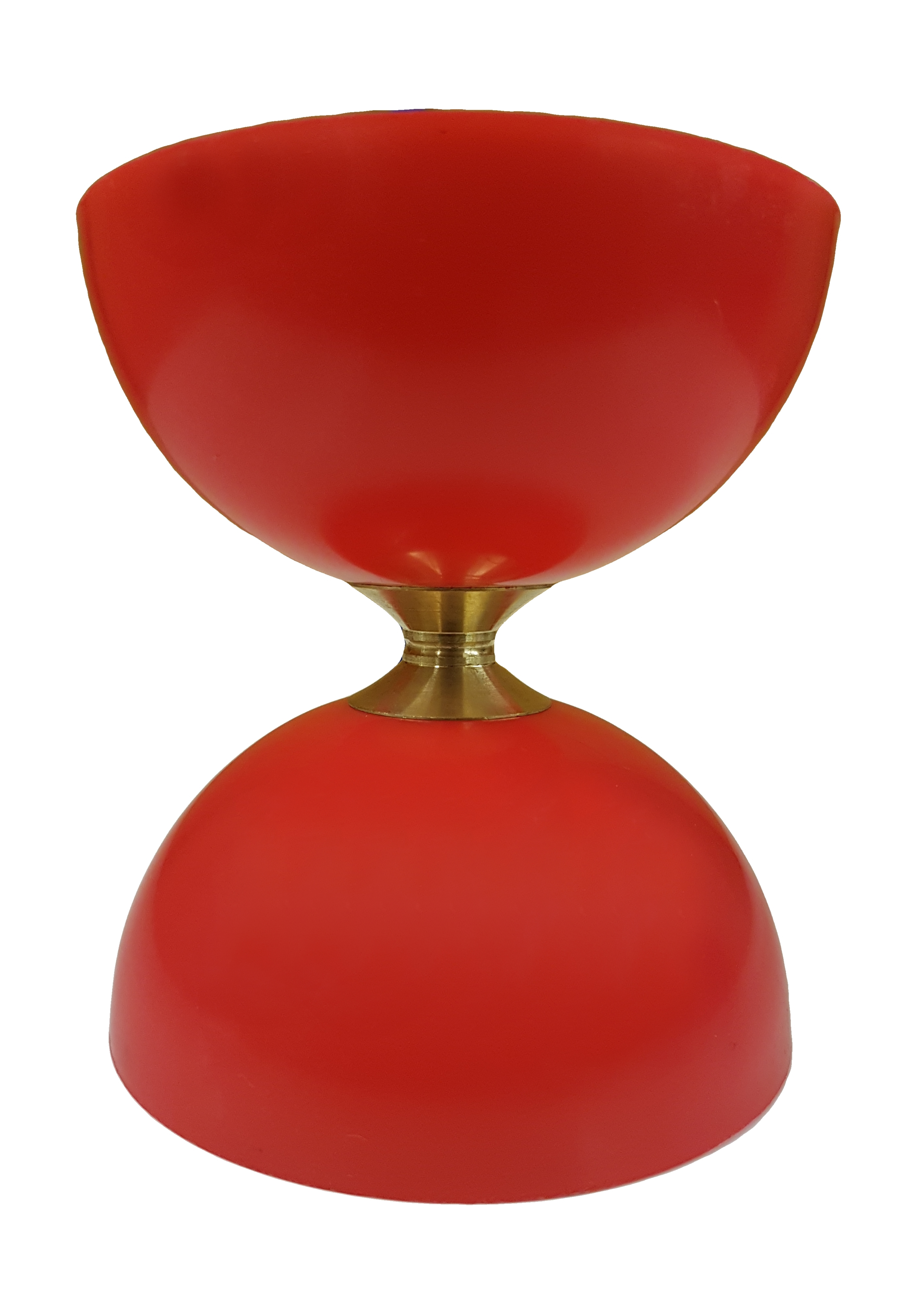 Großer, roter Diabolo aus Kunststoff mit goldener Achse, geeignet für Jonglage und artistische Darbietungen.