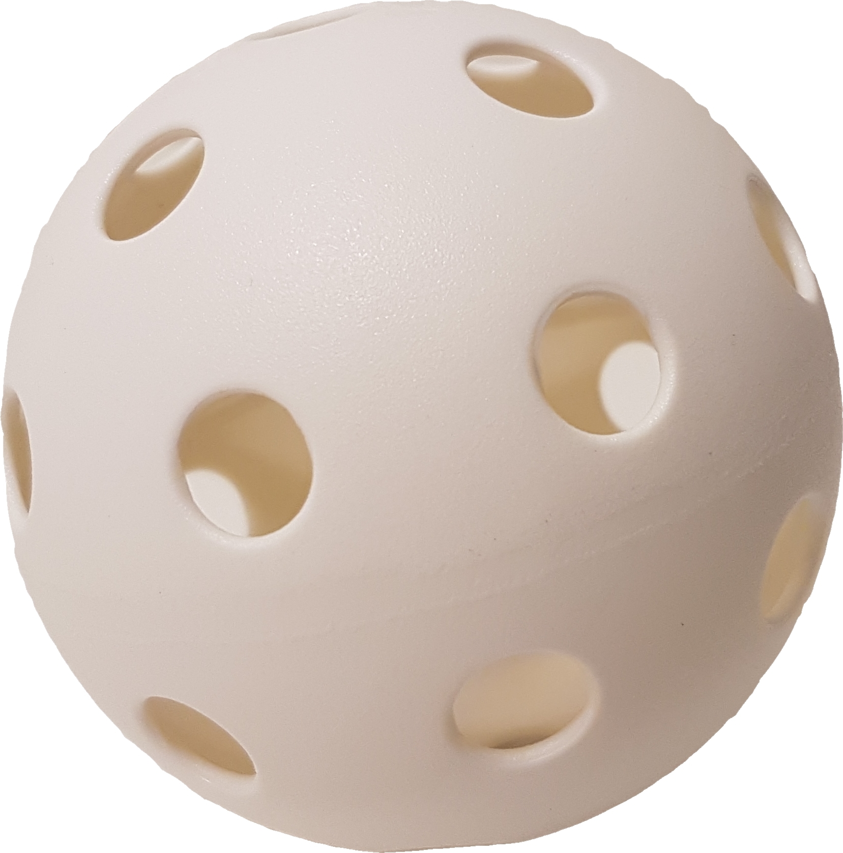 Ein weißer Plastikball mit mehreren Löchern, oft für Sportarten wie Floorball verwendet