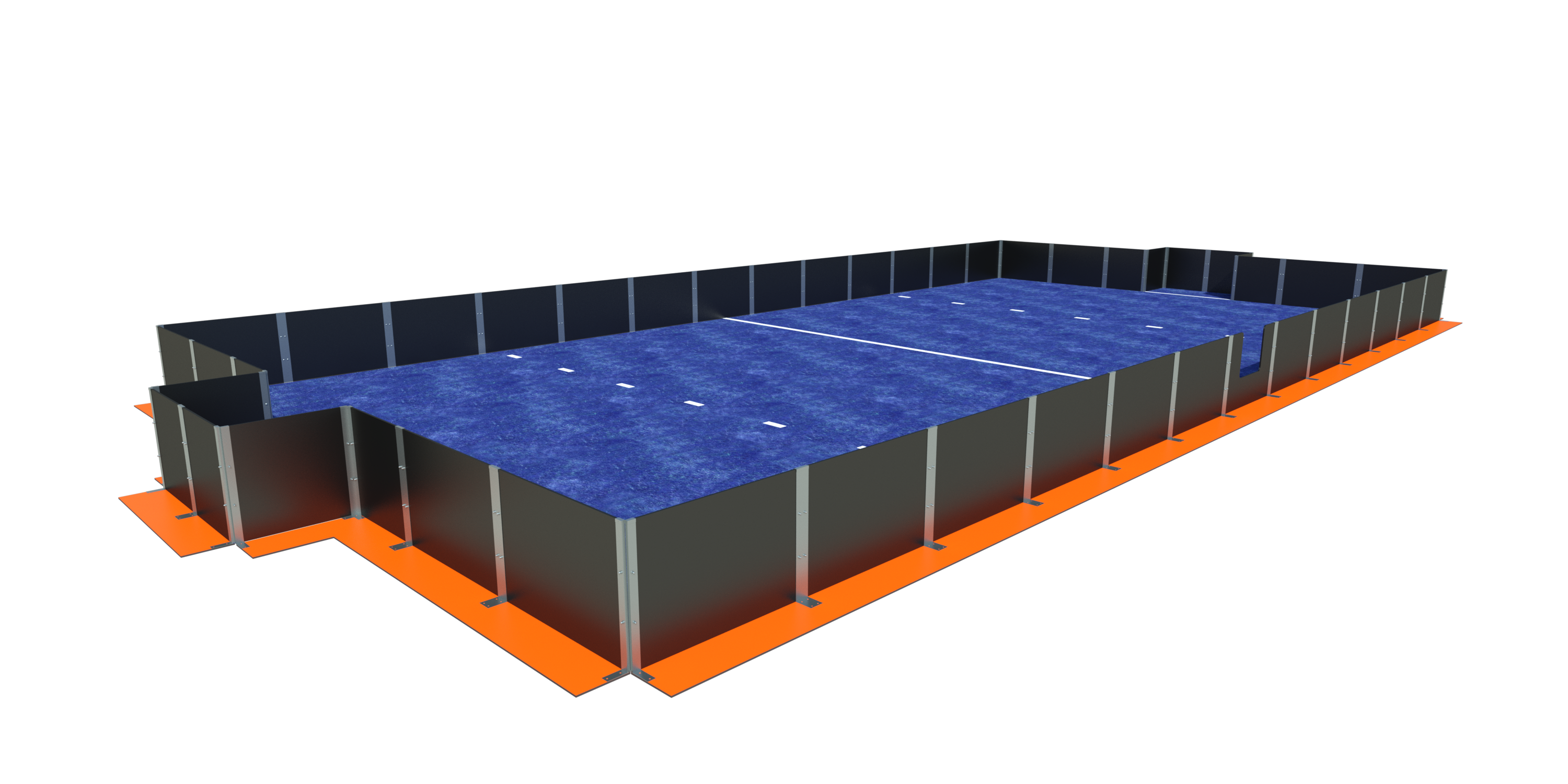 3D-Rendering eines Padel-Tennisplatzes mit blauer Spielfläche und orangenem Rand