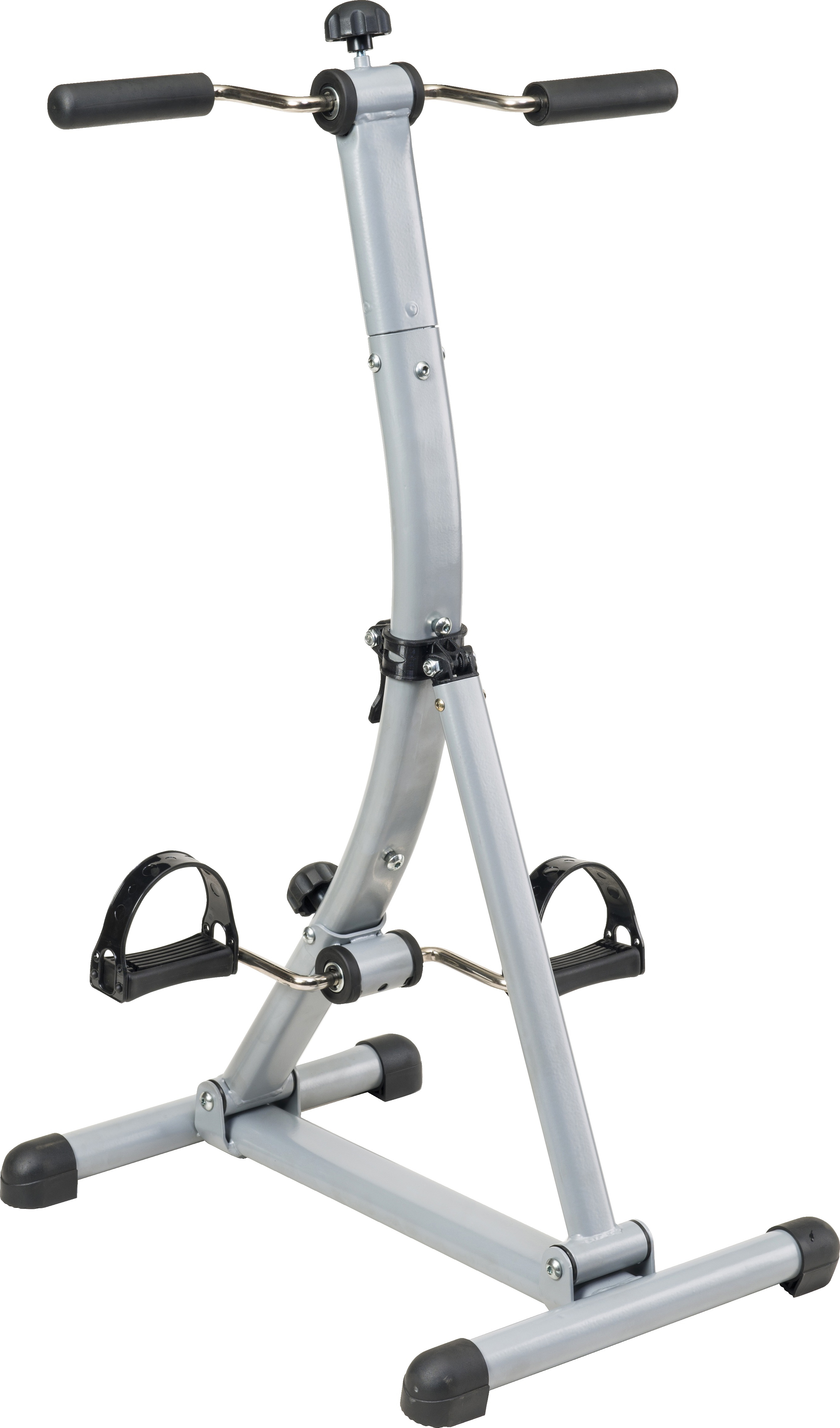 Silberner Pedaltrainer aus Metall mit Gummigriffen und verstellbaren Pedalen, ideal für Zuhause und Büro