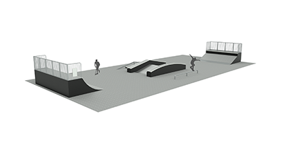 Grafik eines modularen Skateparks mit verschiedenen Rampen, Geländern und Figuren in Aktion