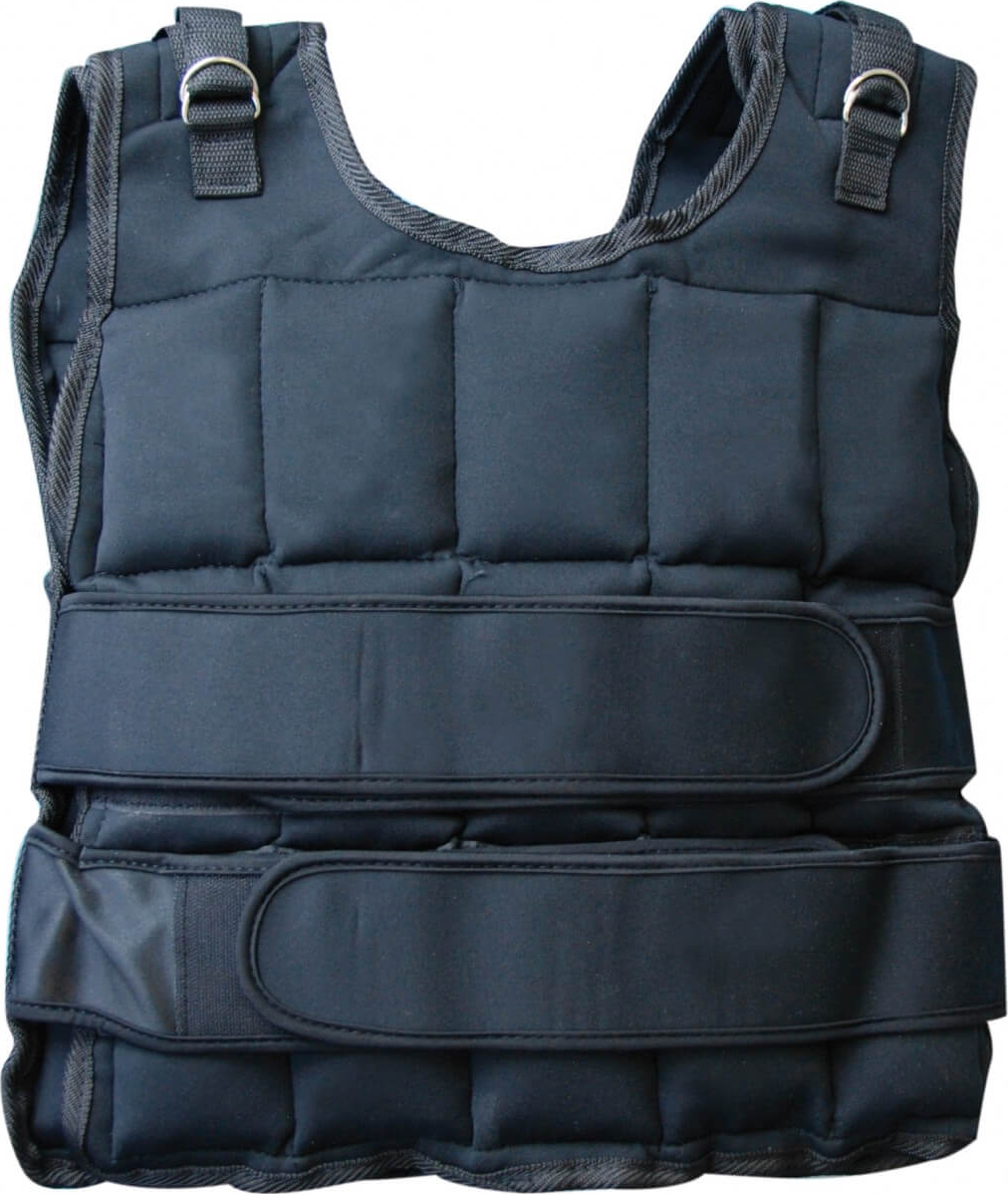 Eine schwarze Gewichtsweste mit verstellbaren Gurten, ideal für Krafttraining und Ausdauerübungen