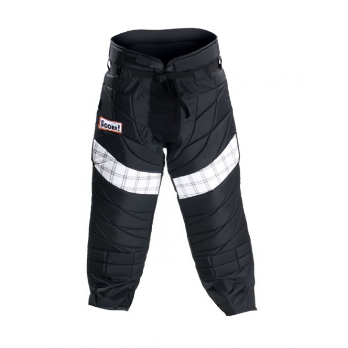 Schwarze Hockeytorhüterhose mit weißem Karodesign und Schutzpolsterung.