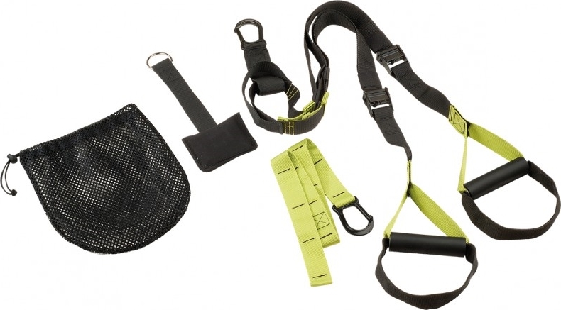 Ein Schlingentrainer-Set mit Bändern, Griffen, Karabinern und Tragetasche für vielseitige Fitnessübungen.