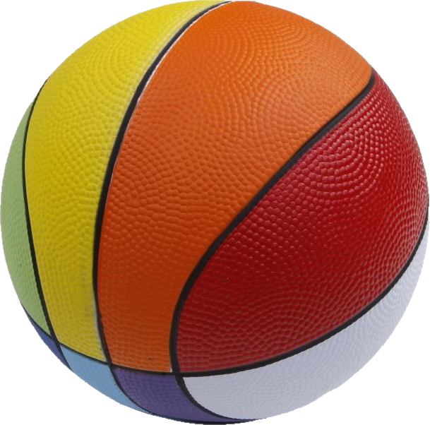 Farbenfroher Basketball mit gelben, orangefarbenen, roten, blauen und weißen Segmenten