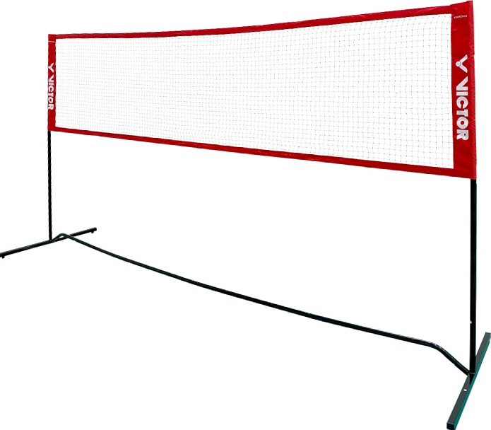 Rete da badminton rossa e bianca di Victor con robusto telaio in metallo, ideale per partite al coperto e all'aperto.