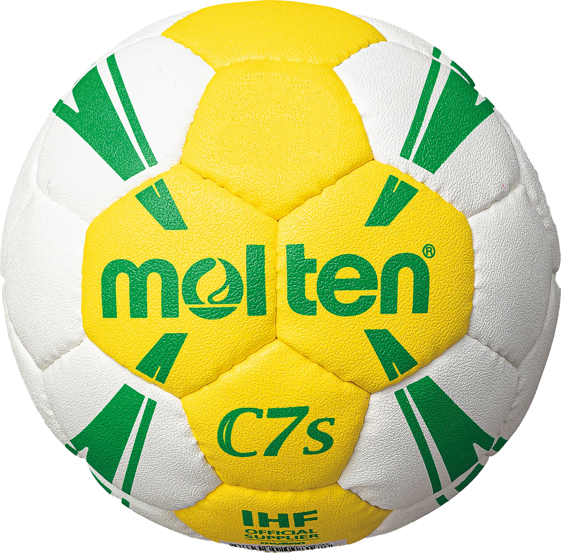 Gelb-weißer Molten C7s Handball mit grünen Details, offizieller IHF Wettkampfball.