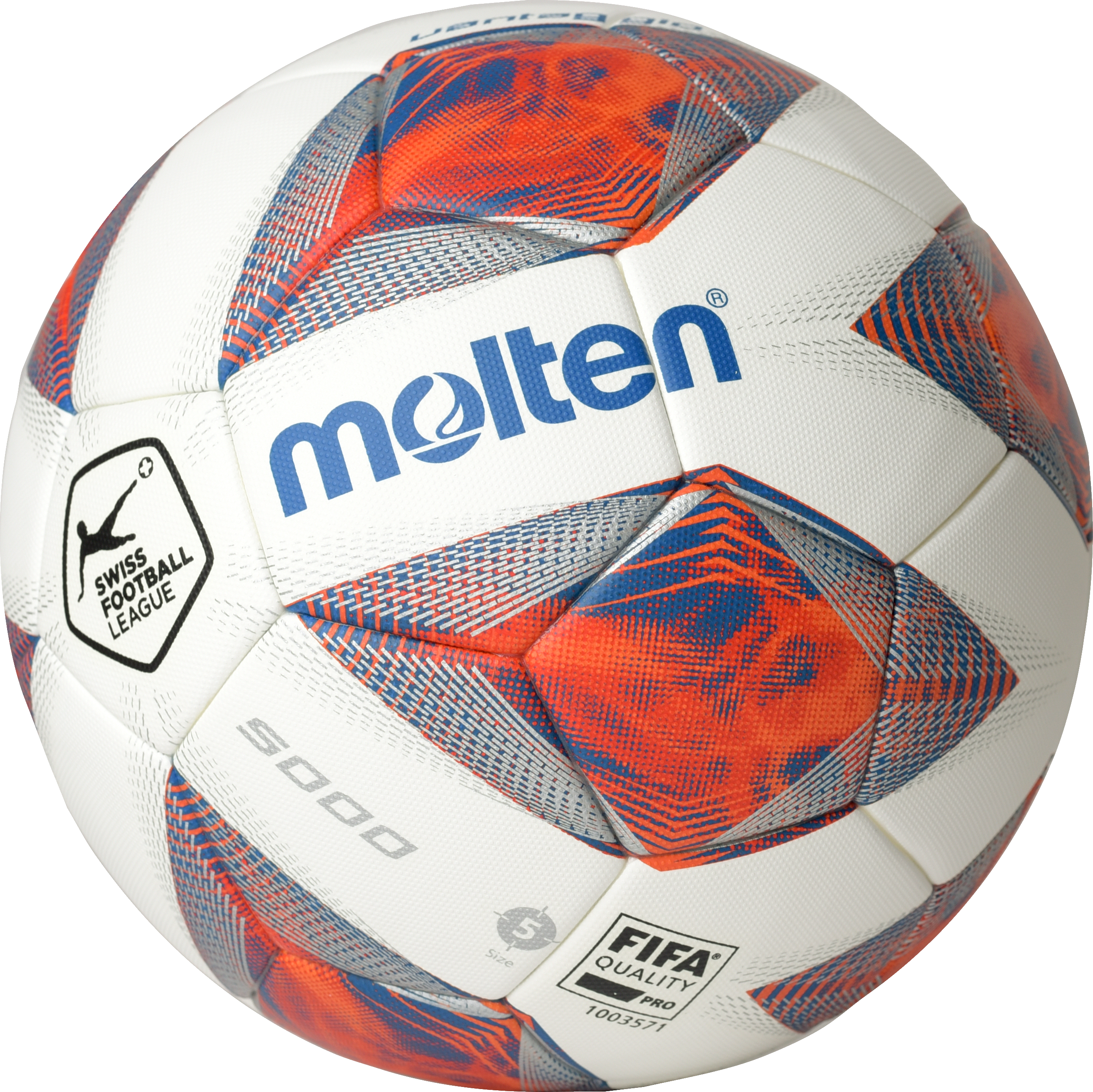 Molten Fußball, hochwertig, mit FIFA-Qualitätssiegel und Swiss Football League Logo, in Weiß, Rot und Blau.