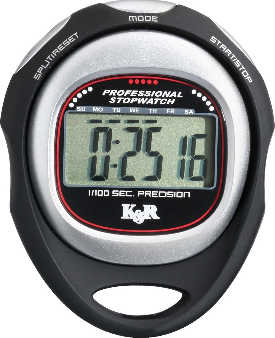 Digitale Stoppuhr in Schwarz und Silber mit 1/100-Sekunden-Präzision, zeigt 0:25,16 auf dem Display