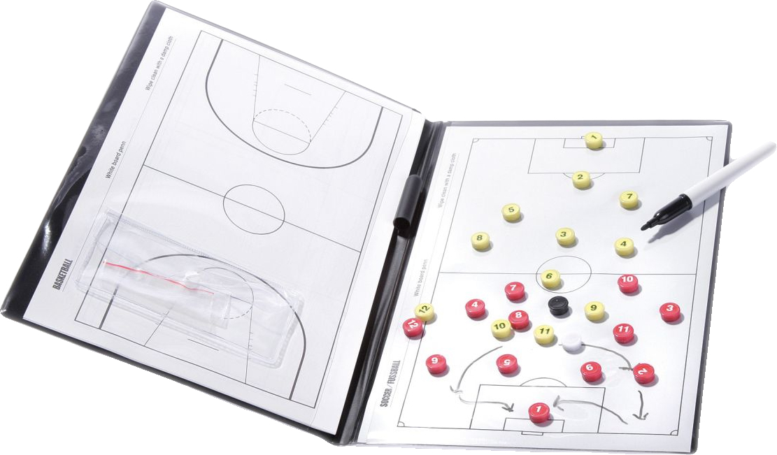 Offene Taktiktafel mit Fußball- und Basketballfeldern, magnetischen Figuren und Marker