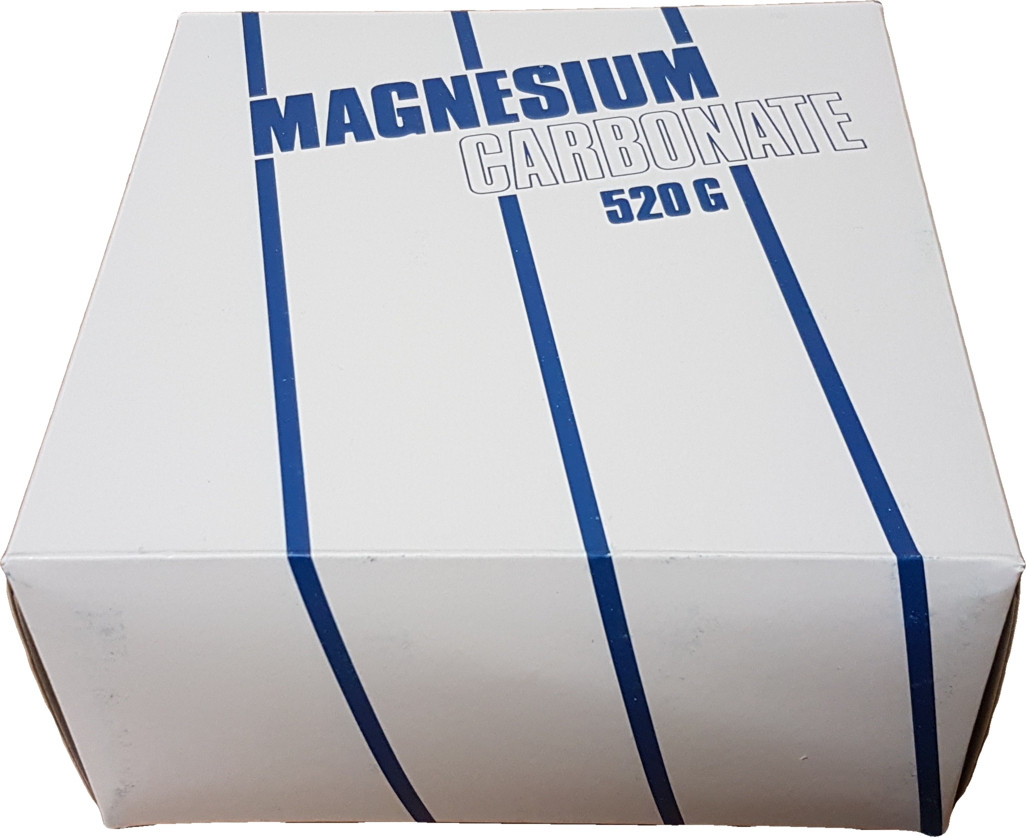 Weiße Box mit der Aufschrift 'Magnesium Carbonate 520g' in blauer Schrift.