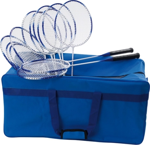 Ein Set aus mehreren Badmintonschlägern mit blauen Griffen und einer großen, blauen Tragetasche.