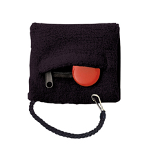 Schwarze Handgelenktasche aus Stoff mit rotem Reißverschluss und Karabinerhaken