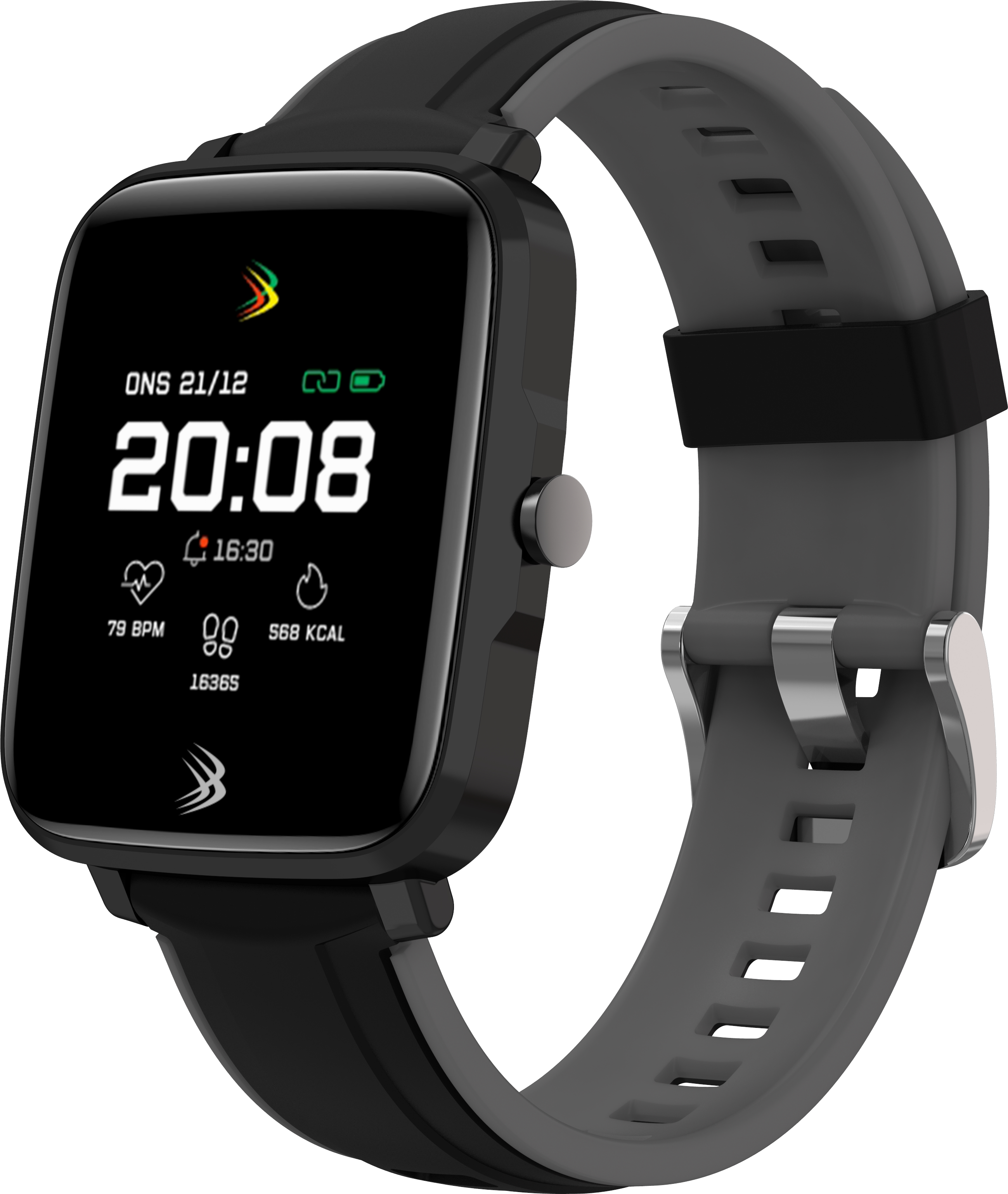 Schwarze Smartwatch mit digitalem Display, Herzfrequenzmesser und Kalorienverbrauchsanzeige