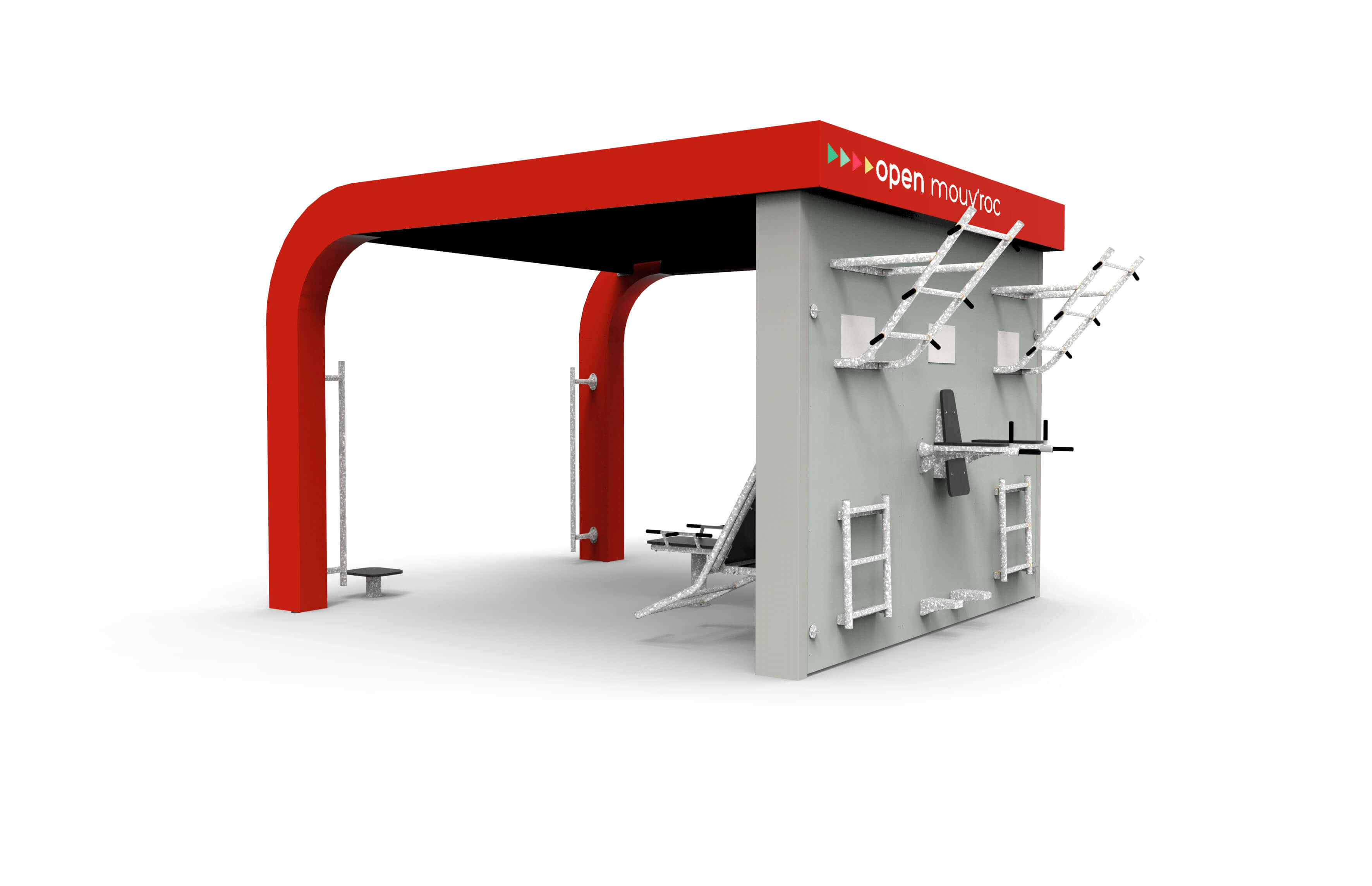 Eine moderne Outdoor-Fitness-Station mit roten Akzenten und verschiedenen Trainingsgeräten wie Leitern und Hantelbank.