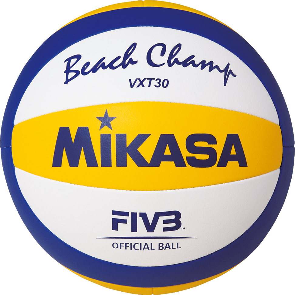 Mikasa VXT30 Beachvolleyball, offizieller FIVB-Ball in Blau, Gelb und Weiß mit Aufschrift 'Beach Champ'