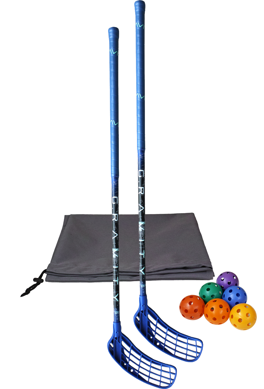 Bild eines Floorball-Sets mit zwei blauen Stöcken, einer Tragetasche und mehreren bunten Bällen