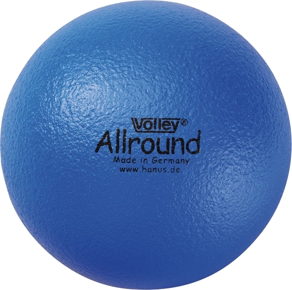 Blauer Ball der Marke Volley Allround, geeignet für verschiedene Indoor- und Outdoor-Sportarten, in Deutschland hergestellt.