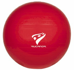 Roter Gymnastikball mit weißem Rucanor-Logo, geeignet für Fitnessübungen und Yoga-Training
