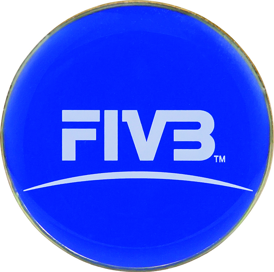 Blauer runder Pin mit weißem FIVB Schriftzug