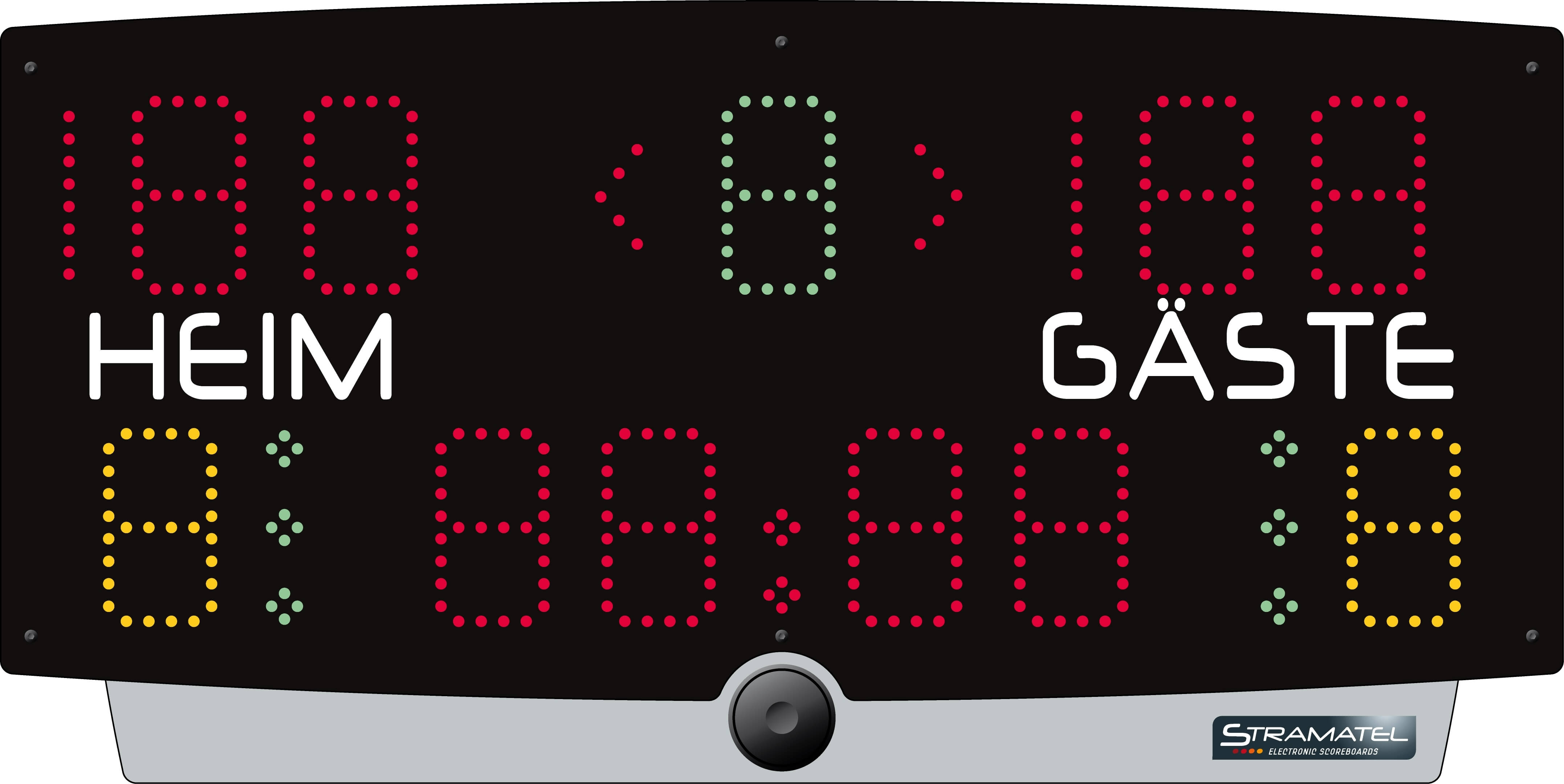 Elektronische Anzeigetafel mit Anzeige von Punkten für Heim- und Gastmannschaften, sowie Zeitmessung im Sport.