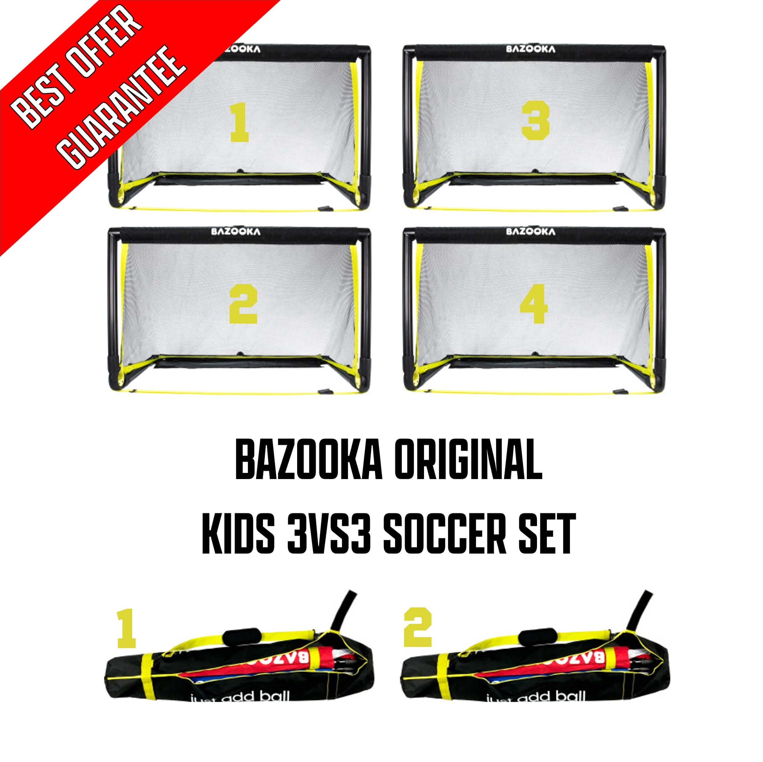 Vier Bazooka-Fußballtore für Kinder im 3vs3-Spiel, inklusive zwei Tragetaschen mit der Aufschrift 'Best Offer Guarantee'.