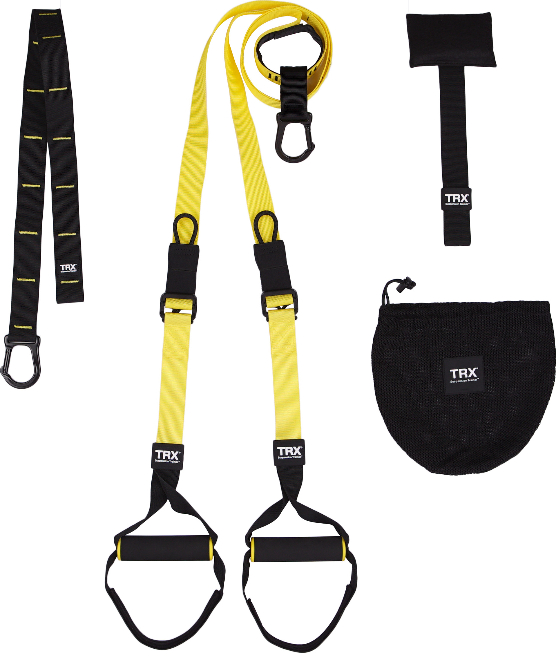 TRX Trainingsset mit gelben und schwarzen Gurten, Türanker und Tragetasche